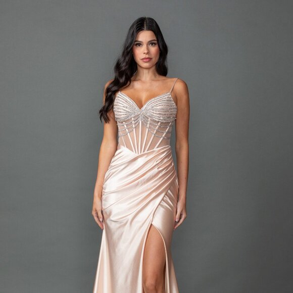 New Beads Embellished Sheath Prom Dress w/ V-Neck & Gathered Waistline DQ 4541 - Picture 3 of 9
